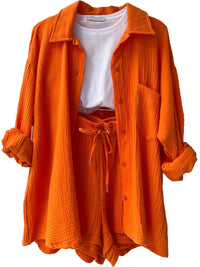 Texture Button Up Shirt and Drawstring Shorts Set Trandify deal
