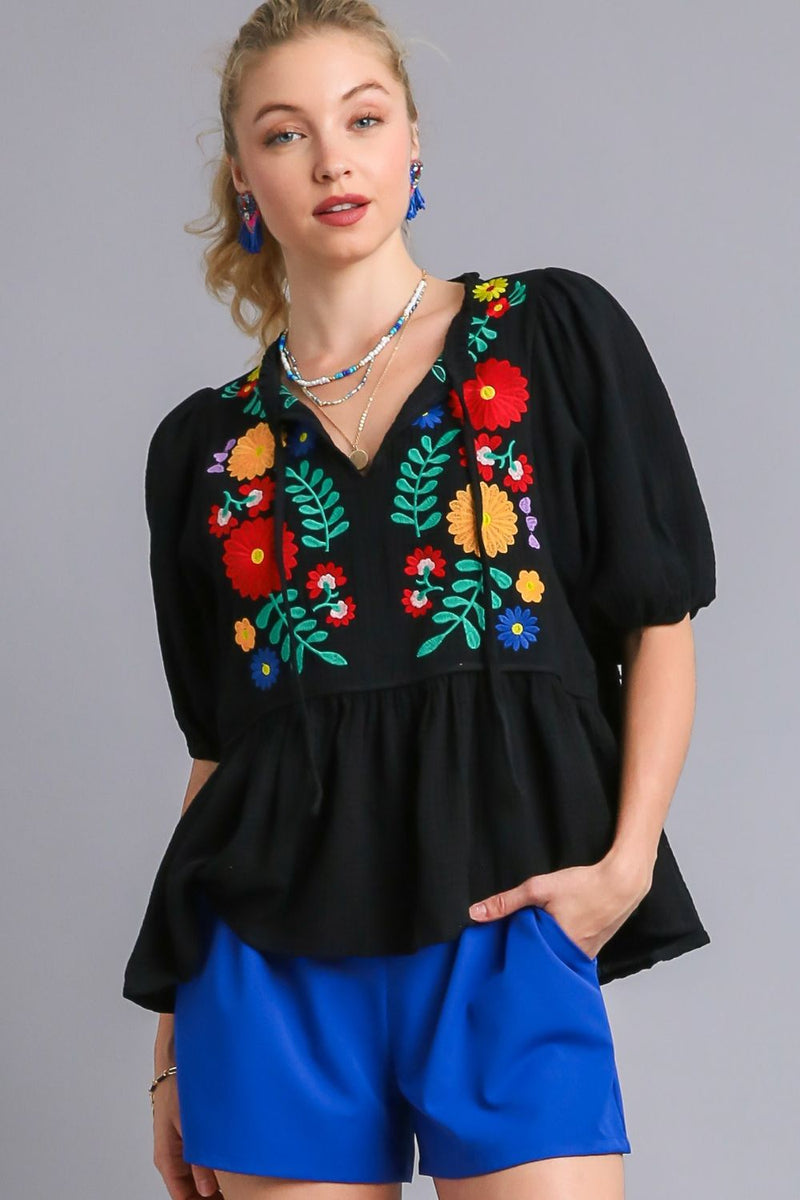 Umgee Plus Size Cotton Gauze Floral Embroidery Babydoll Blouse