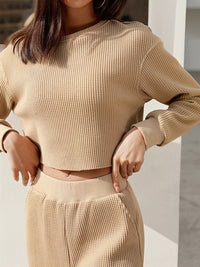 Waffle-Knit Round Neck Top and Pants Set Trandify deal