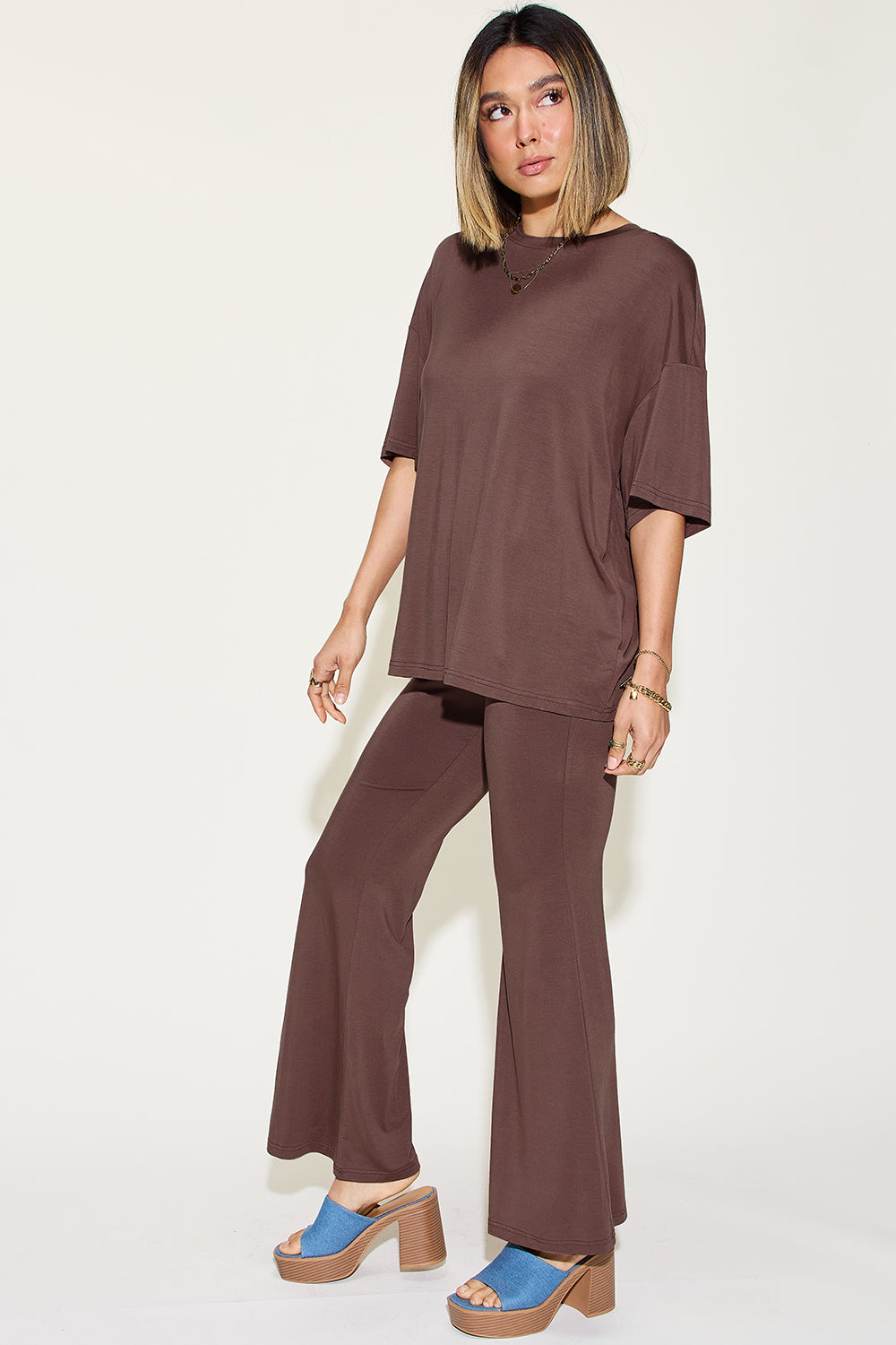 Basic Bae Full Size Bamboo Drop Shoulder T-Shirt and Flare Pants Set Trandify Deal