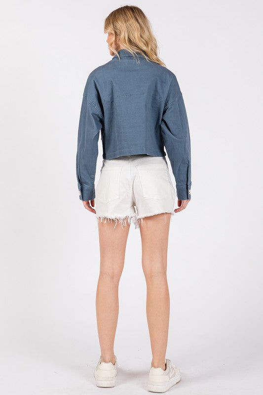 bytos Button Down Cropped Denim Jacket with Patch Pockets Trandify Deal