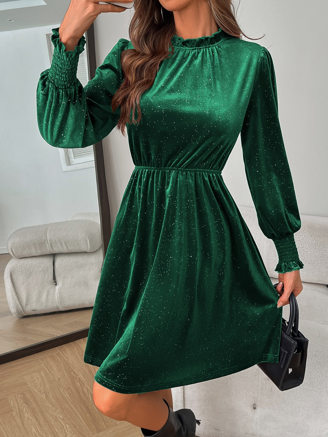 Glitter Mock Neck Long Sleeve Mini Dress Trandify Deal
