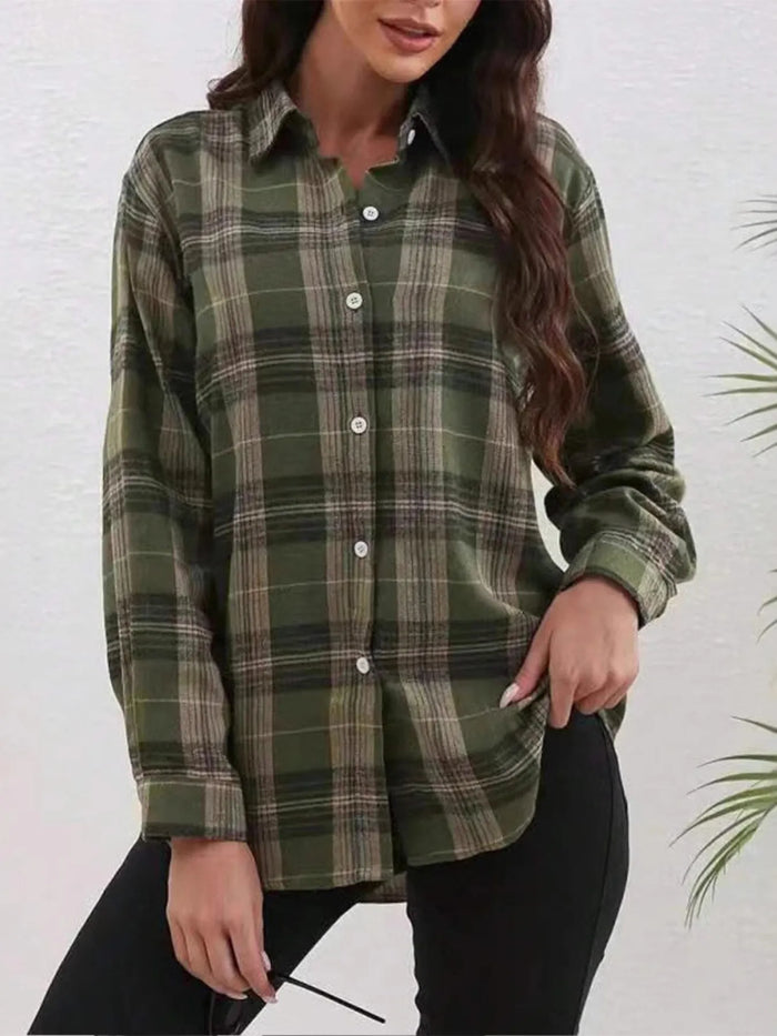 Women’s red plaid flannel shirt long sleeve button-down top for casual fall fashion
