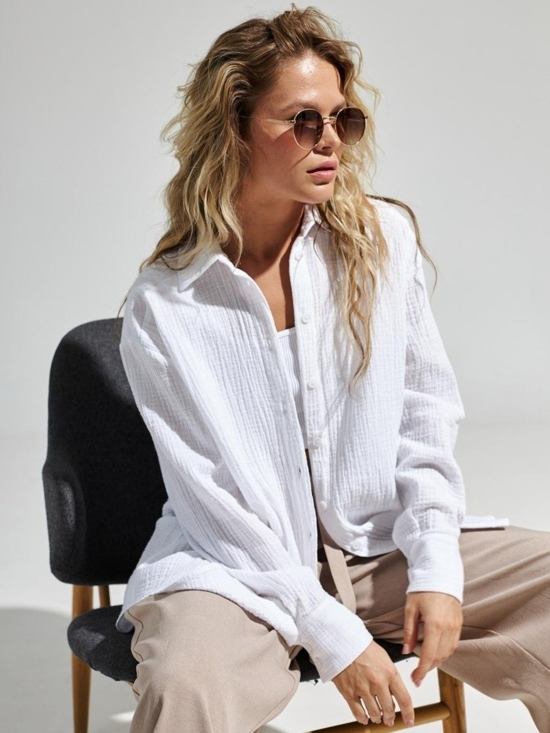 Textured Collared Neck Long Sleeve Shirt Trandify deal