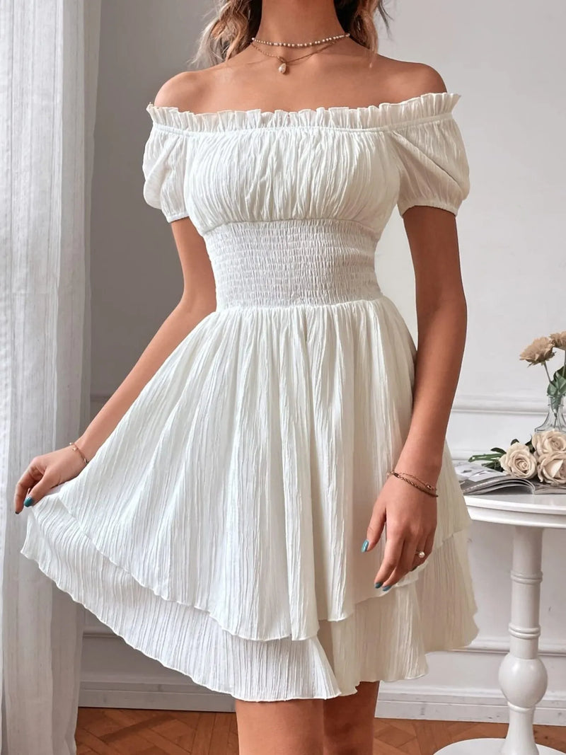 Off-Shoulder Smocked Waist Flowy Mini Dress for Women – Boho Summer Fashion