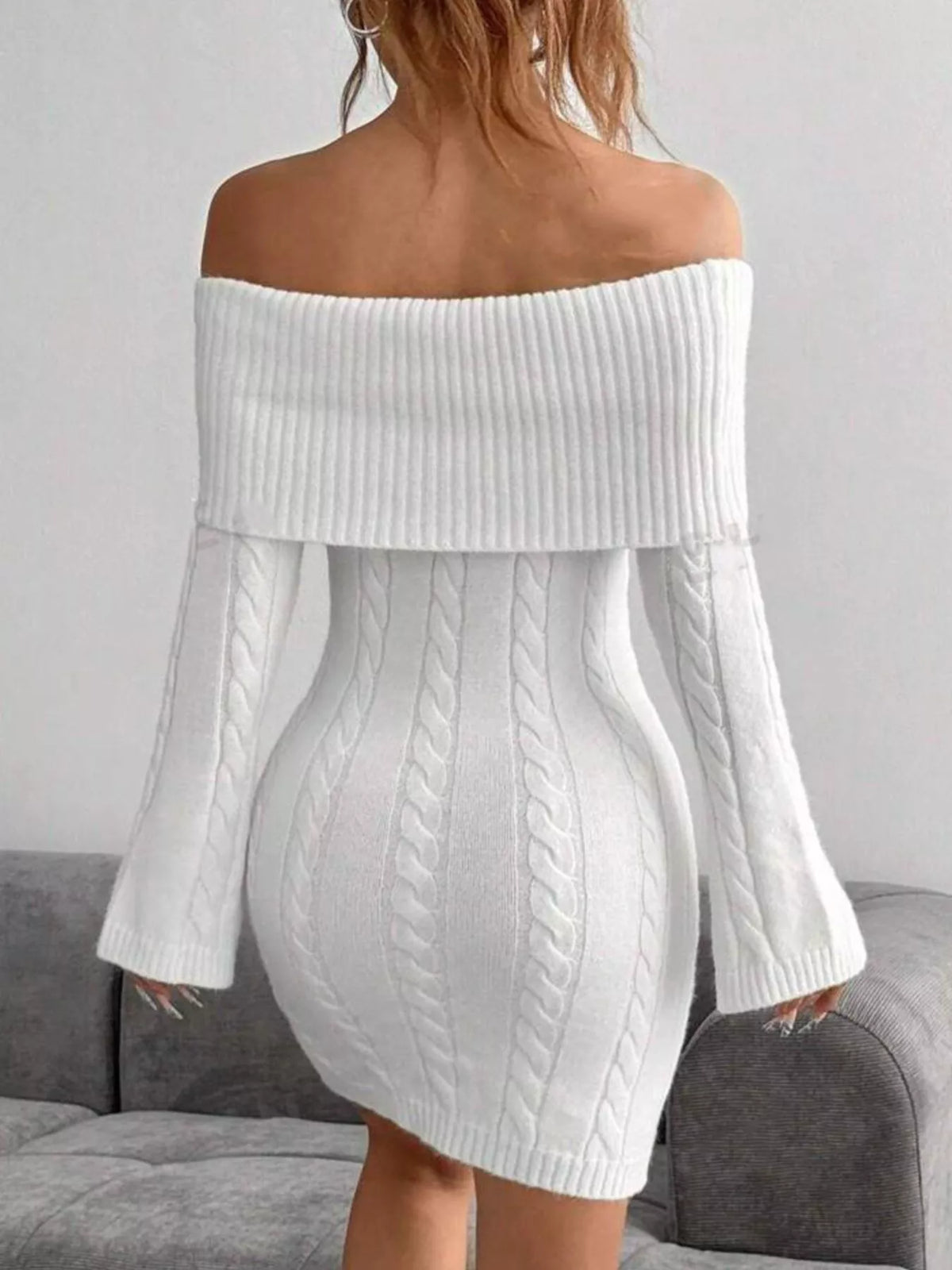 Off-Shoulder Cable Knit Sweater Dress