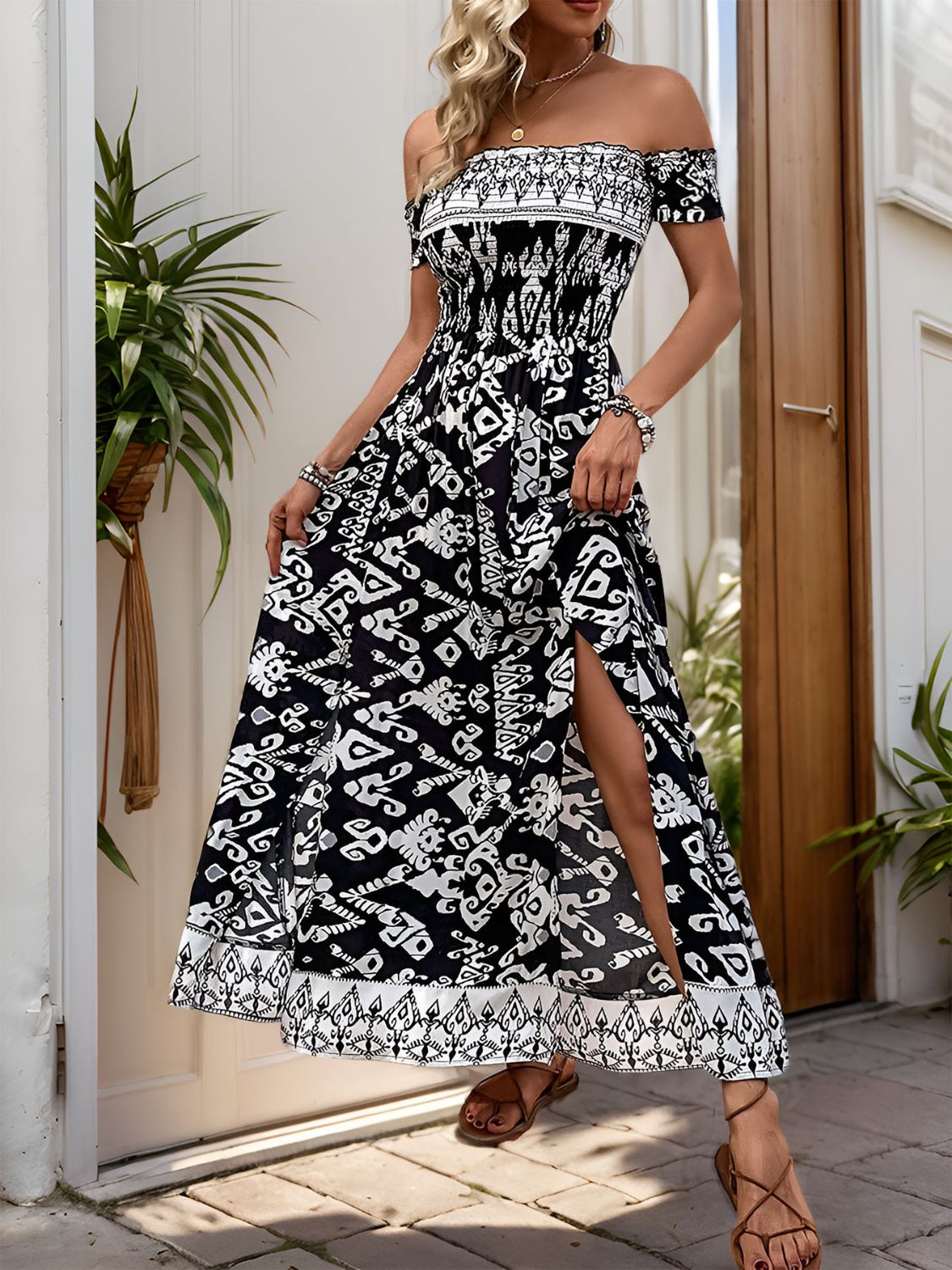 Perfee Slit Printed Off-Shoulder Dress Trandify deal