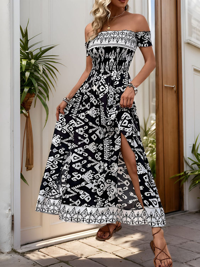 Perfee Slit Printed Off-Shoulder Dress Trandify deal