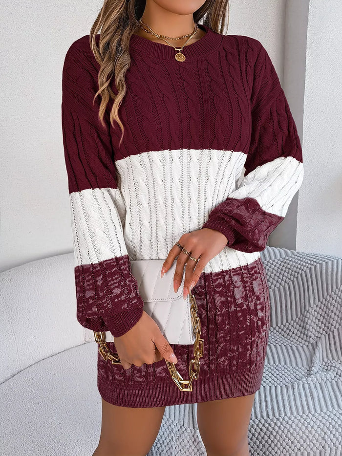 Color Block Cable Knit Sweater Dress - Textured Pattern