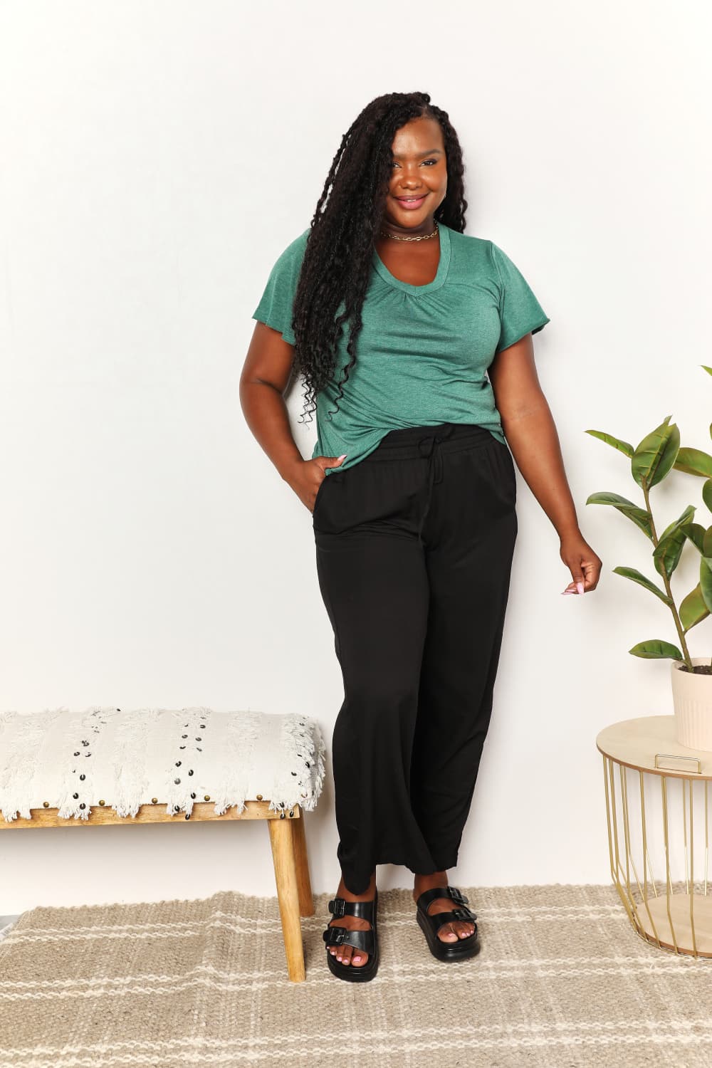 Double Take Ruched V-Neck Short Sleeve T-Shirt Trandify deal