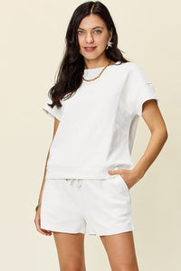 Double Take Full Size Texture Short Sleeve T-Shirt and Drawstring Shorts Set Trandify deal