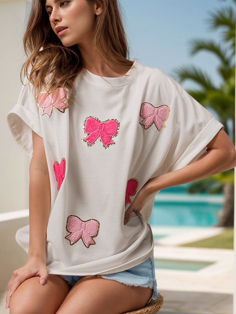 Bow Round Neck Short Sleeve T-Shirt Trandify deal