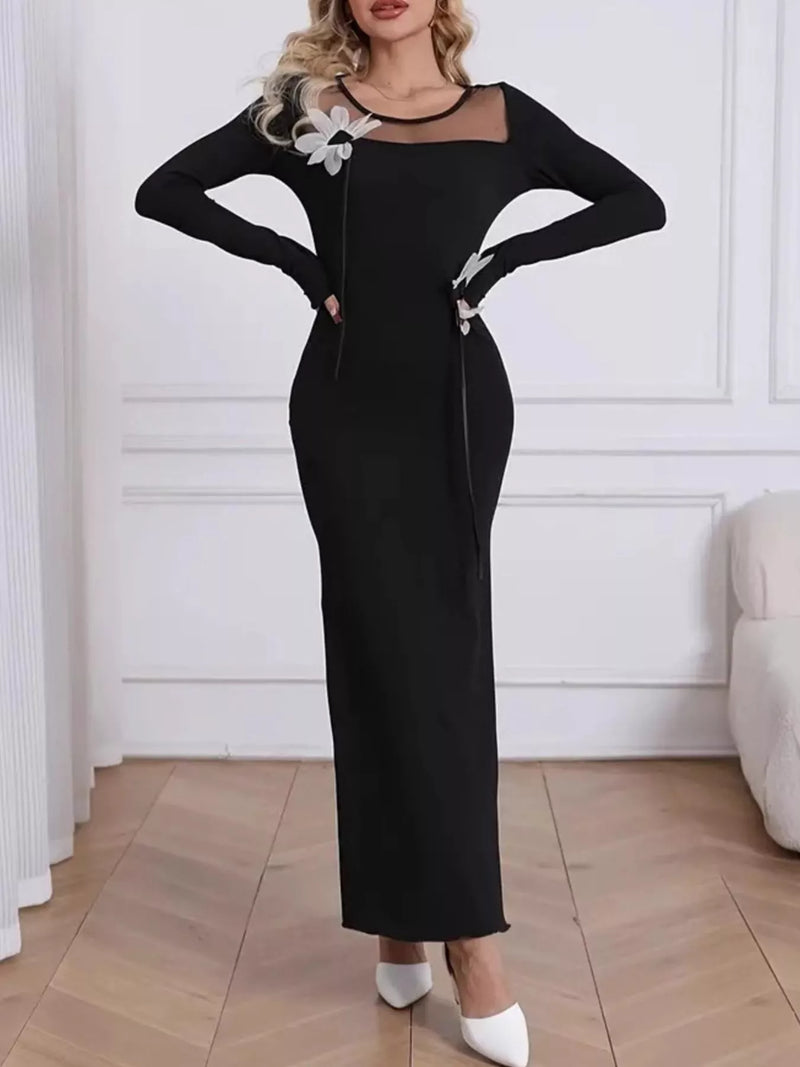 Elegant black mesh panel maxi long sleeve dress for women, bodycon style