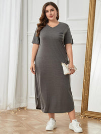 Plus Size Pocketed V-Neck Short Sleeve Lounge Dress Trandify deal
