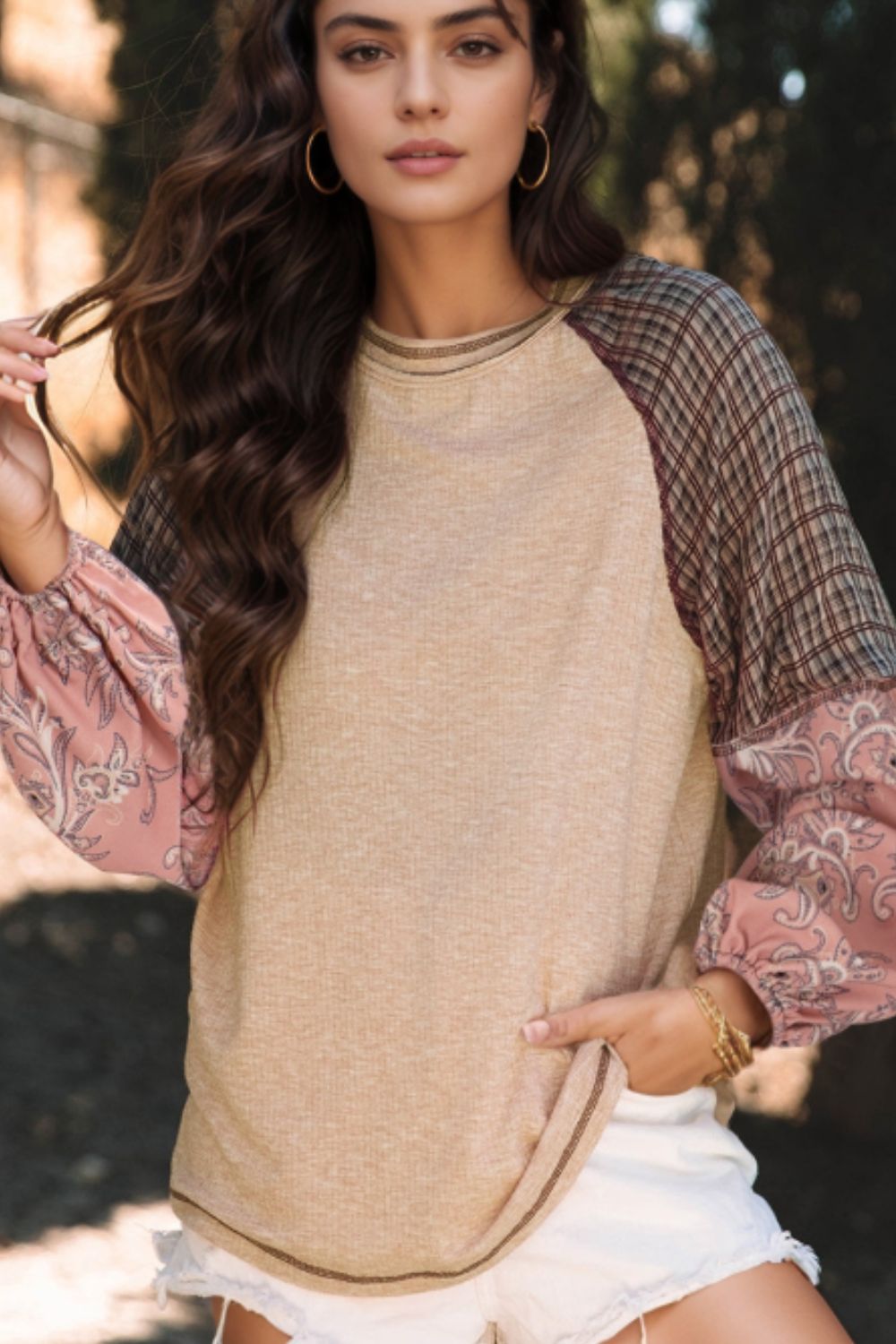 Plaid Floral Patchwork Round Neck Long Sleeve Top Trandify Deal