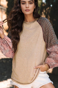Plaid Floral Patchwork Round Neck Long Sleeve Top Trandify Deal