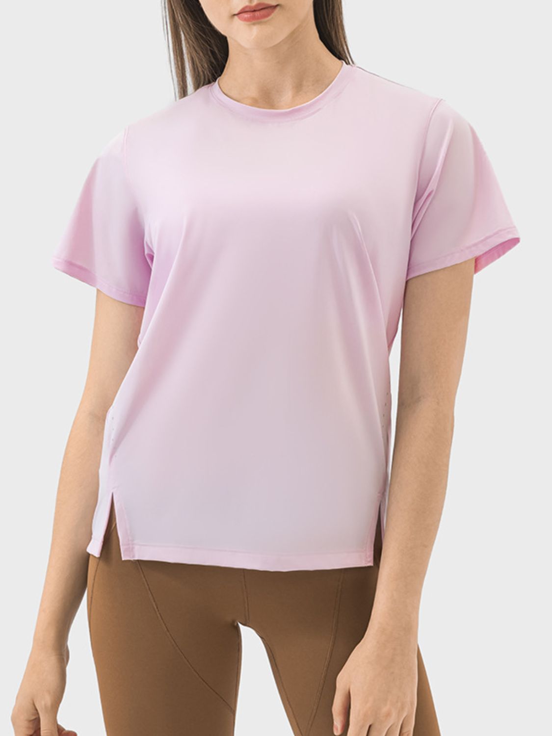 Millennia Slit Round Neck Short Sleeve Active T-Shirt Trandify deal
