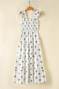 Women’s Floral Bow Print Smocked Maxi Dress – Square Neck Ruffle Tiered Summer Dress for Vacations & Weddings