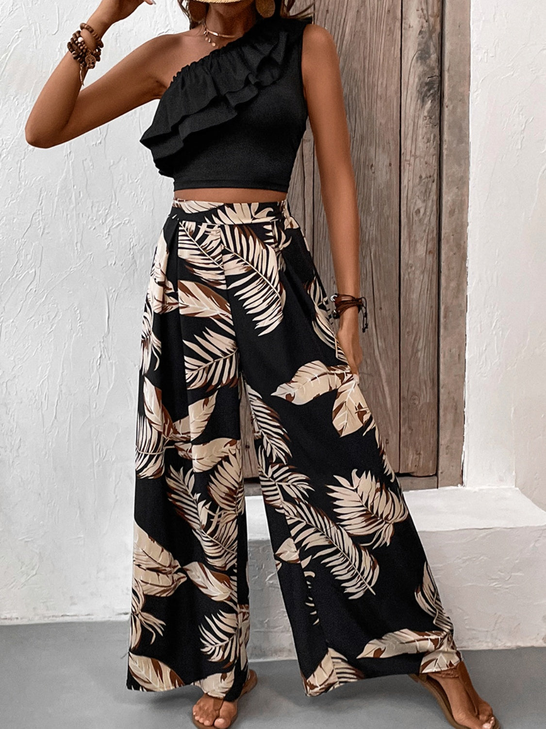 Honey Ruffled Sleeveless Top and Printed Pants Set Trandify deal