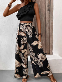 Honey Ruffled Sleeveless Top and Printed Pants Set Trandify deal