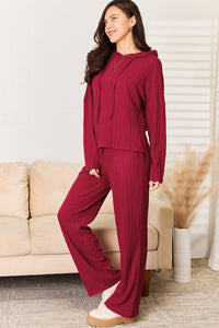 Basic Bae Full Size Ribbed Drawstring Hooded Top and Straight Pants Set Trandify Deal