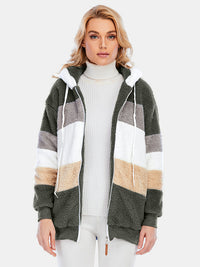 Full Size Drawstring Color Block Zip Up Hooded Outerwear Trandify Deal