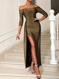 Slit Off-Shoulder Long Sleeve Midi Dress Trandify Deal