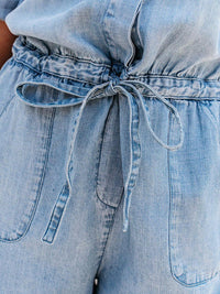 Drawstring Half Button Half Sleeve Denim Romper Trandify deal