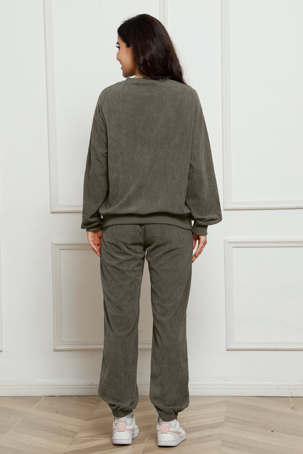 Corduroy Round Neck Sweatshirt and Sweatpants Set Trandify Deal