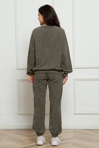 Corduroy Round Neck Sweatshirt and Sweatpants Set Trandify Deal