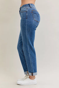 Plus Size Judy Blue Cuffed Jeans in a mid-rise, classic fit shown on a model.