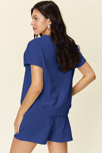 Double Take Full Size Texture Short Sleeve T-Shirt and Drawstring Shorts Set Trandify deal