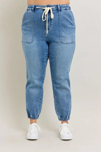 Judy Blue High Waist Denim Jogger in blue wash on model