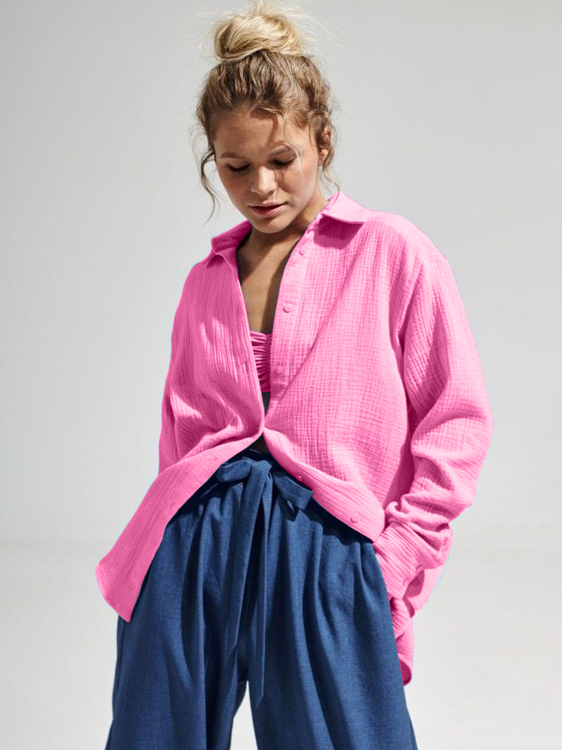Textured Collared Neck Long Sleeve Shirt Trandify deal