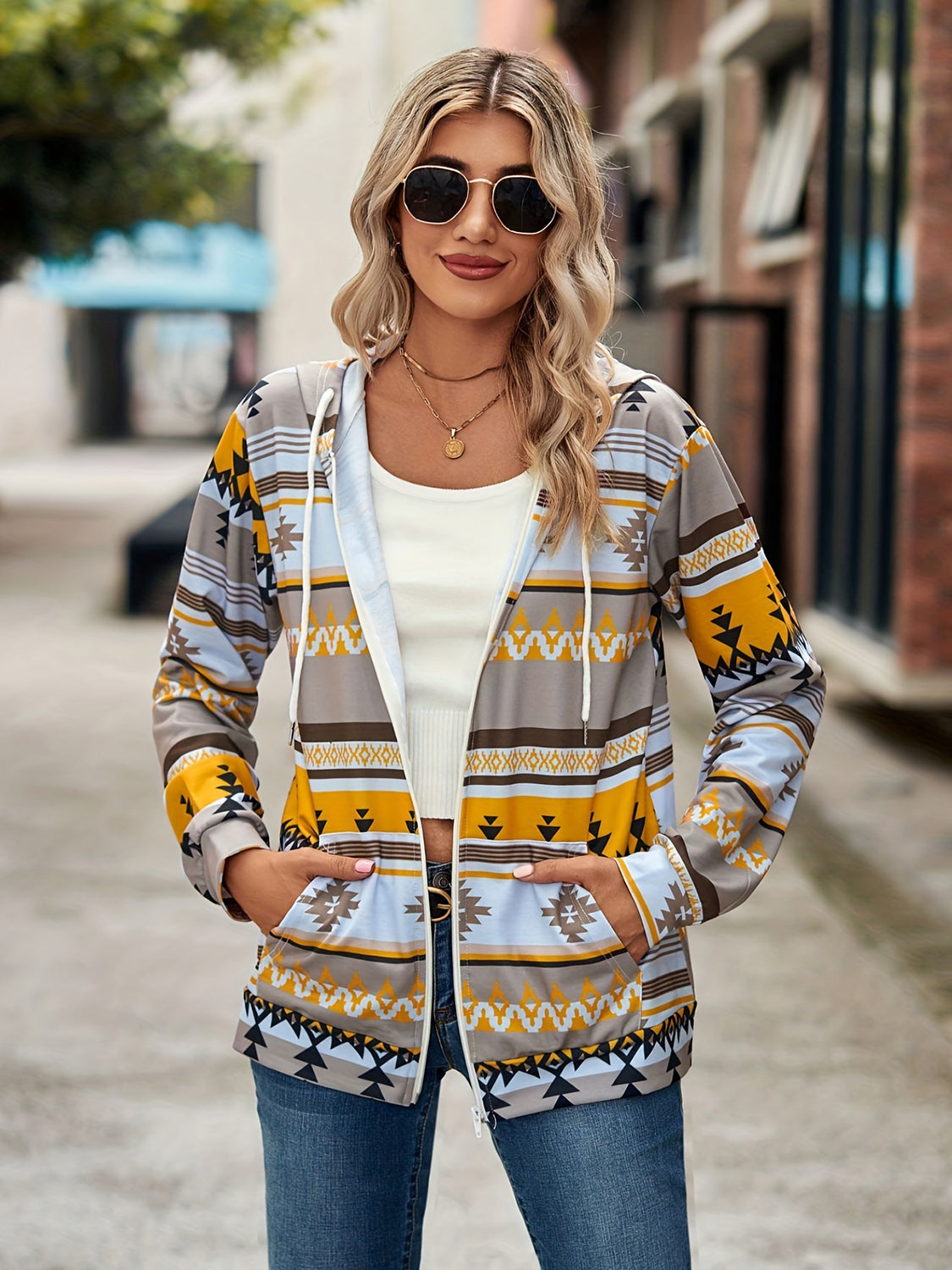 Geometric Zip Up Long Sleeve Hooded Jacket Trandify Deal