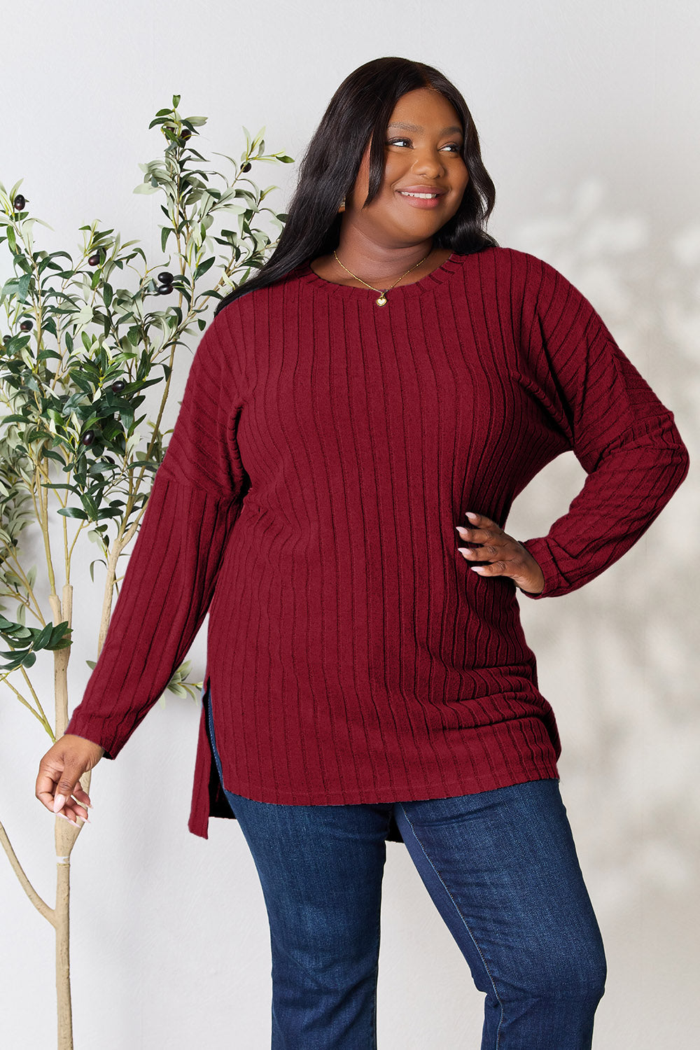 Basic Bae Full Size Ribbed Round Neck Long Sleeve Slit Top Trandify Deal