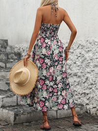 Smocked Printed Halter Neck Midi Dress Trandify Deal