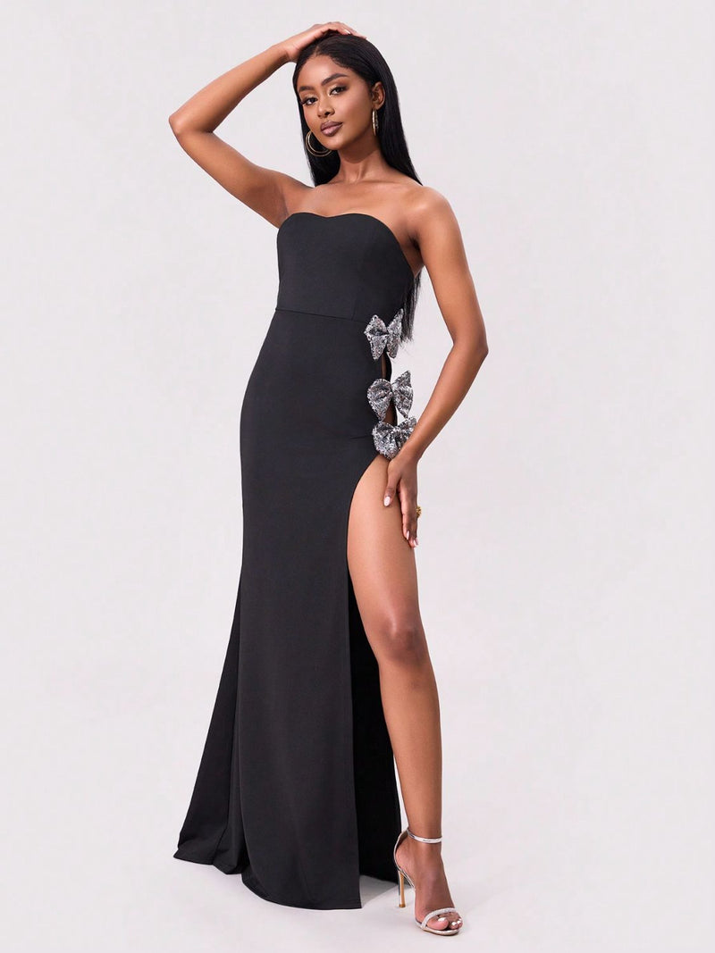 Slit Bow Trim Tube Maxi Dress Trandify deal