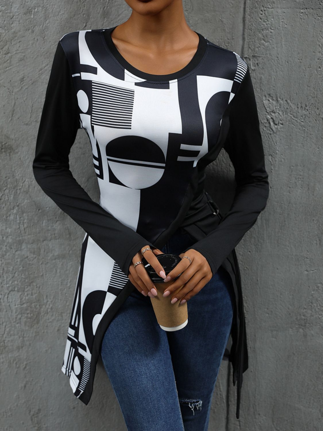 Perfee Geometric Round Neck Long Sleeve T-Shirt Trandify deal