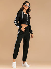 Perfee Drawstring Side Stripe Zip Up Hooded Top and Pants Set Trandify Deal