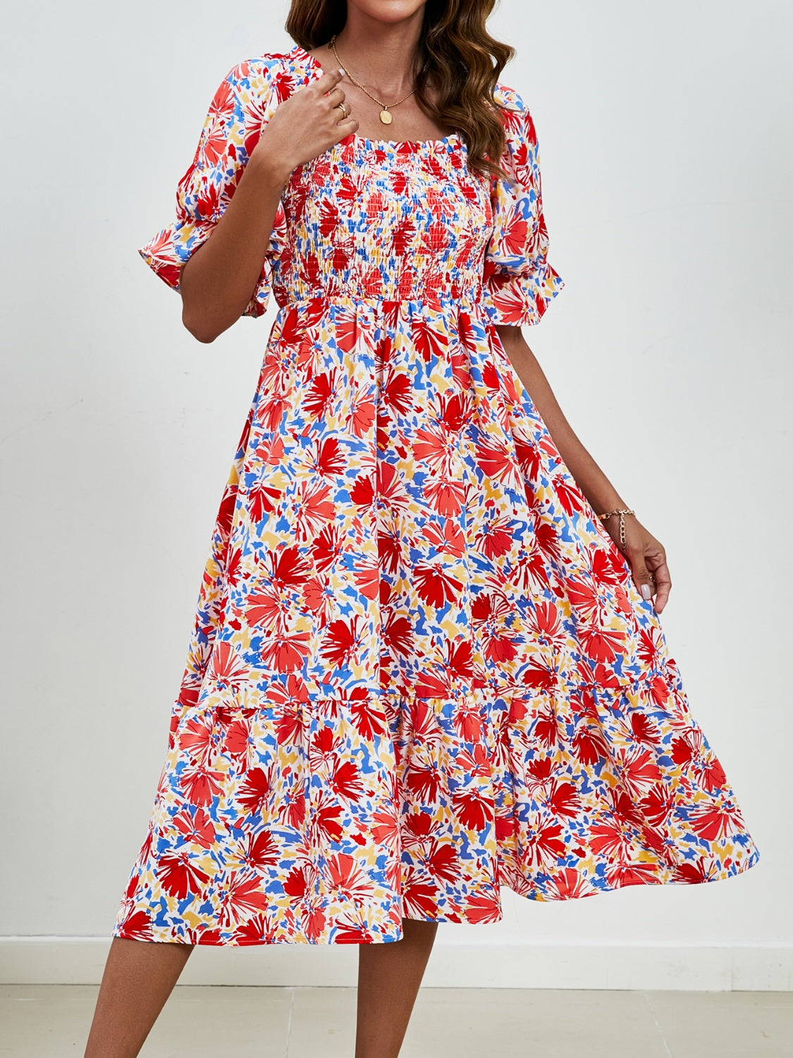 Smocked Floral Square Neck Short Sleeve Dress Trandify deal