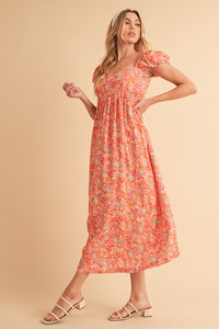 Floral Square Neck Puff Sleeve Midi Dress for Women – USA Summer Fashion