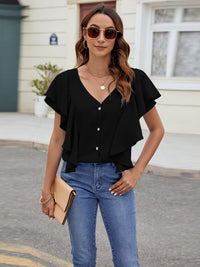 Ruffled V-Neck Short Sleeve Top Trandify deal