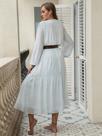 Plus Size Printed Tie Neck Long Sleeve Midi Dress Trandify Deal