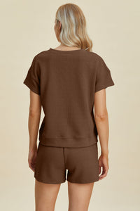 Double Take Full Size Texture Short Sleeve Top and Shorts Set Trandify deal