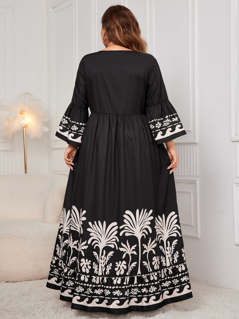 Plus Size Printed V-Neck Long Sleeve Maxi Dress Trandify Deal