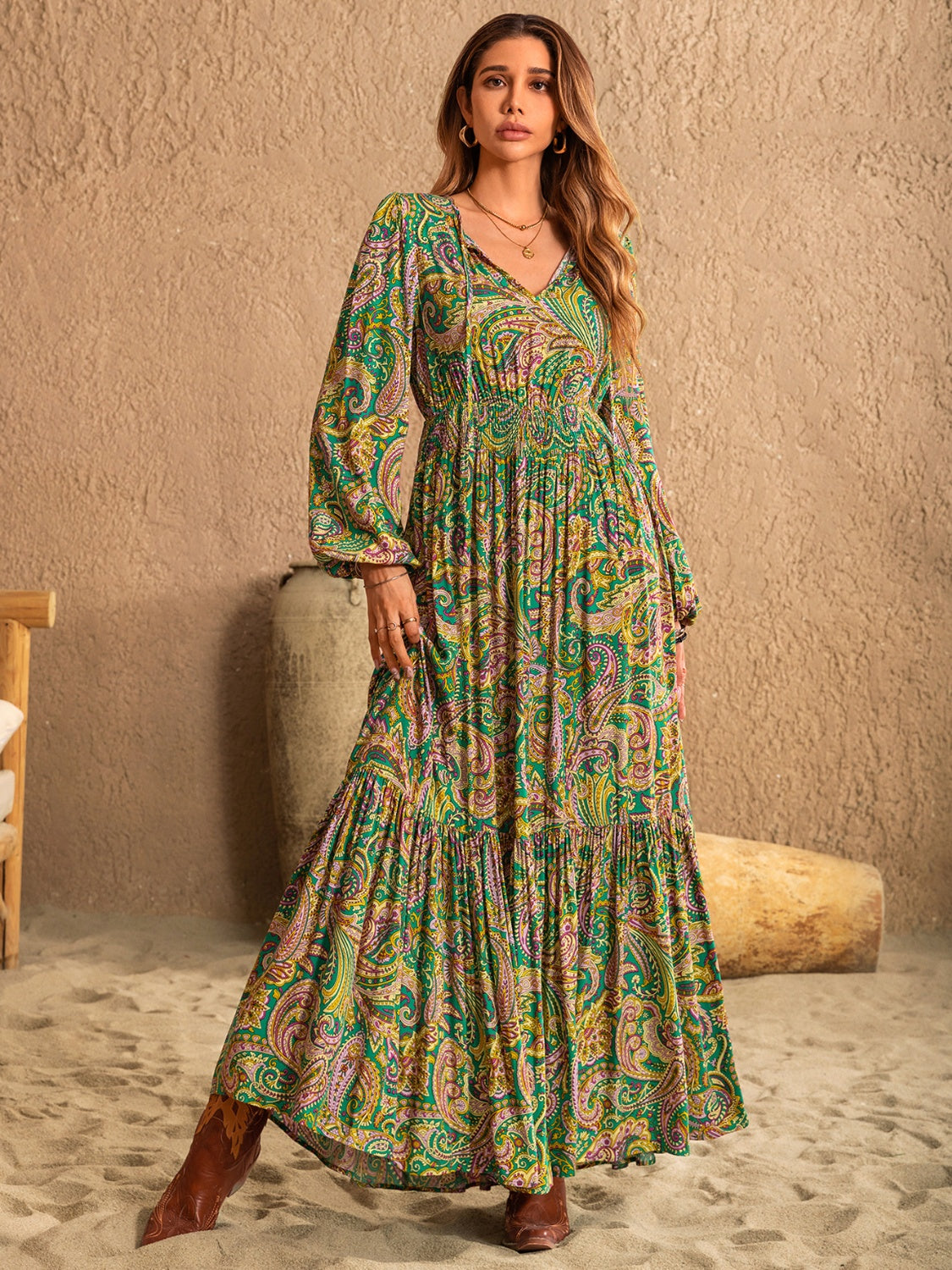 Printed Tie Neck Long Sleeve Dress Trandify Deal