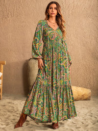 Printed Tie Neck Long Sleeve Dress Trandify Deal