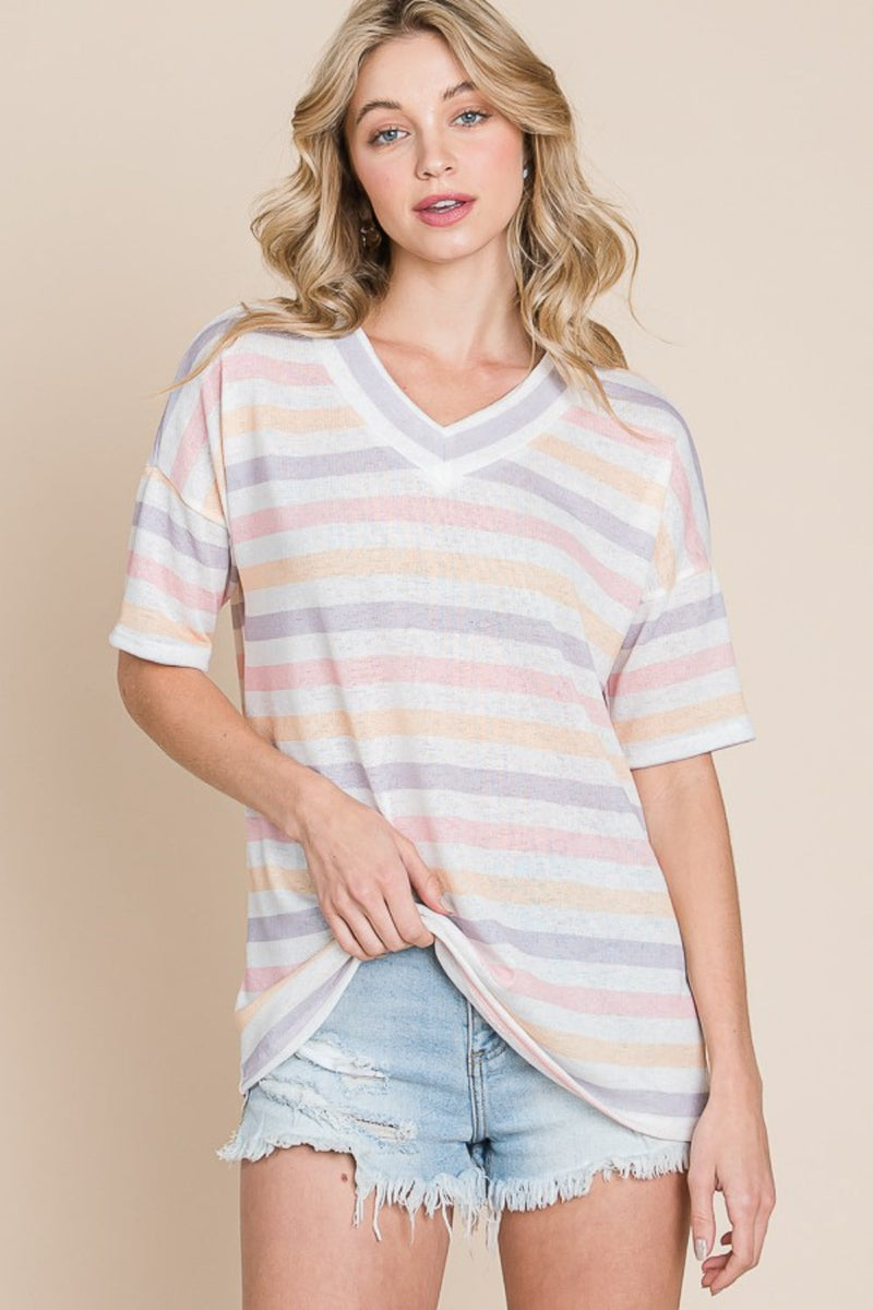 BOMBOM Striped V-Neck Short Sleeve T-Shirt Trandify deal