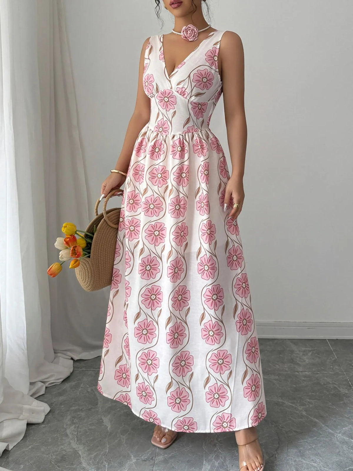 Floral Print Tie Back Maxi Dress – Women’s Boho Summer Long Sleeve Dress